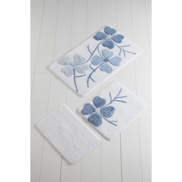Zestaw 3 niebiesko-białych dywaników łazienkowych Flowers