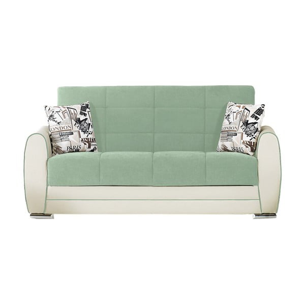 Jasnozielono-kremowa dwuosobowa sofa rozkładana ze schowkiem Esidra Rest