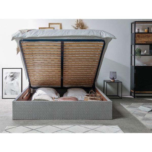 Szare tapicerowane łóżko dwuosobowe ze schowkiem ze stelażem 160x200 cm Adele – Bobochic Paris-image-3