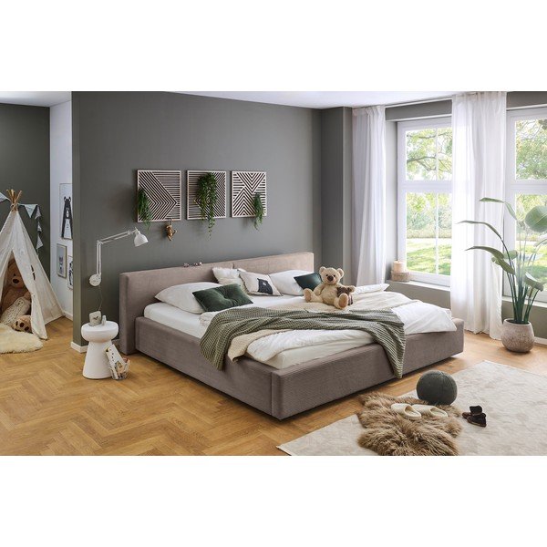 Szarobrązowe tapicerowane łóżko dwuosobowe ze schowkiem ze stelażem 200x240 cm Cube – Meise Möbel-image-4