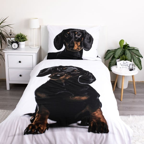 Czarno-biała bawełniana pościel dziecięca jednoosobowa 140x200 cm Dachshund – Jerry Fabrics-image-1