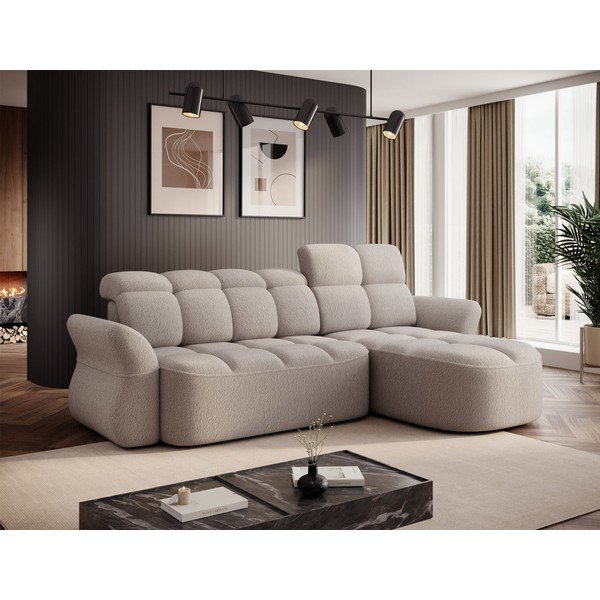 Beżowy rozkładany/ze schowkiem narożnik z materiału bouclé (prawostronny/z szezlongiem) Beneth – ELTAP-image-1