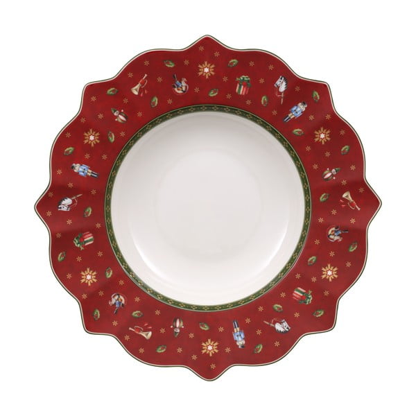 Czerwony głęboki talerz porcelanowy z motywem świątecznym Villeroy & Boch, ø 26 cm
