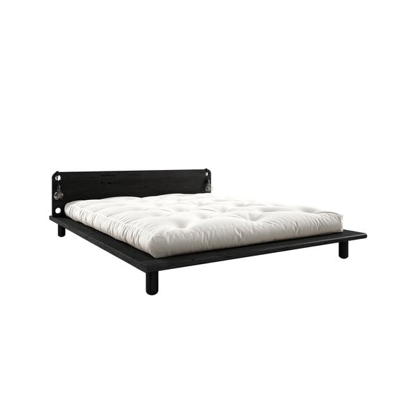 Czarne łóżko dwuosobowe z litego drewna z zagłówkiem, lampkami i materacem Comfort Karup Design Peek, 180x200 cm