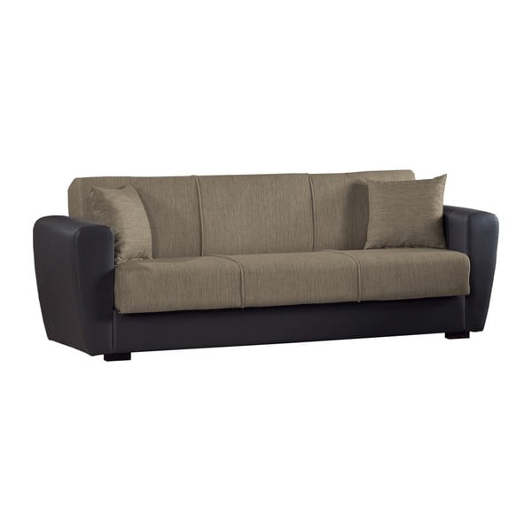 Beżowo-szara trzyosobowa sofa rozkładana o czarnej konstrukcji ze schowkiem Esidra Comfort 