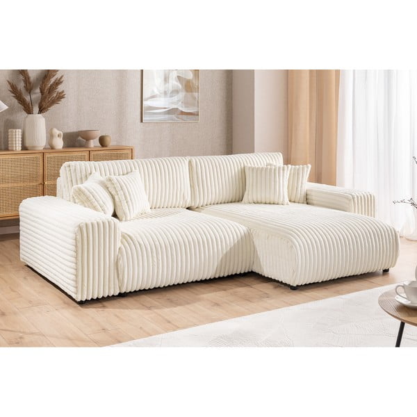 Kremowy sztruksowy rozkładany narożnik ze schowkiem (prawostronny) Sarina – Ropez-image-4