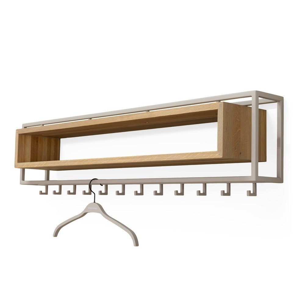 Wieszak ścienny z litego drewna dębowego w naturalnym kolorze/szarobrązowy z półką 118 cm School – Spinder Design