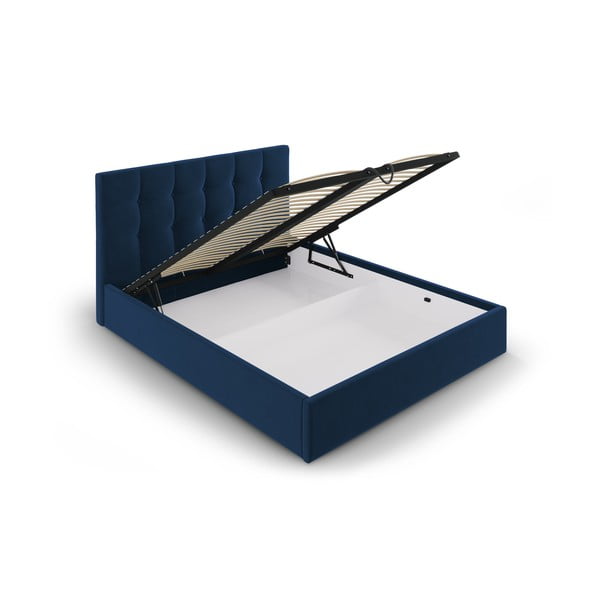 Ciemnoniebieske tapicerowane łóżko dwuosobowe ze schowkiem ze stelażem 160x200 cm Nerin – Mazzini Beds-image-3