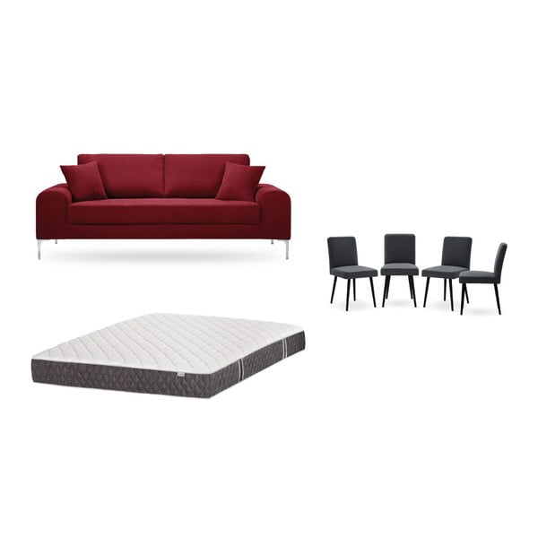 Zestaw 3-osobowej czerwonej sofy, 4 antracytowych krzeseł i materaca 160x200 cm Home Essentials