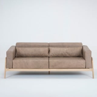 Jasnobrązowa sofa z bawolej skóry z konstrukcją z litego drewna dębowego Gazzda Fawn, 210 cm