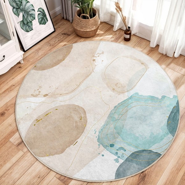 Niebiesko-beżowy okrągły dywan odpowiedni do prania ø 80 cm Puddle – Mila Home-image-1