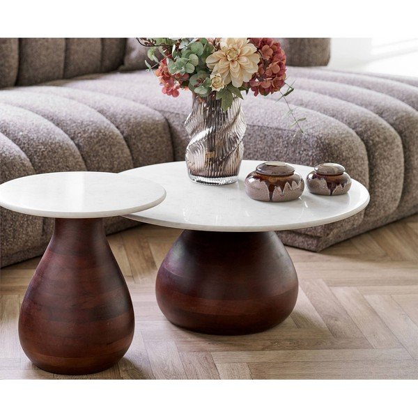 Biało-ciemnonaturalny okrągły stolik z marmurowym blatem ø 70 cm Heide – House Nordic-image-1