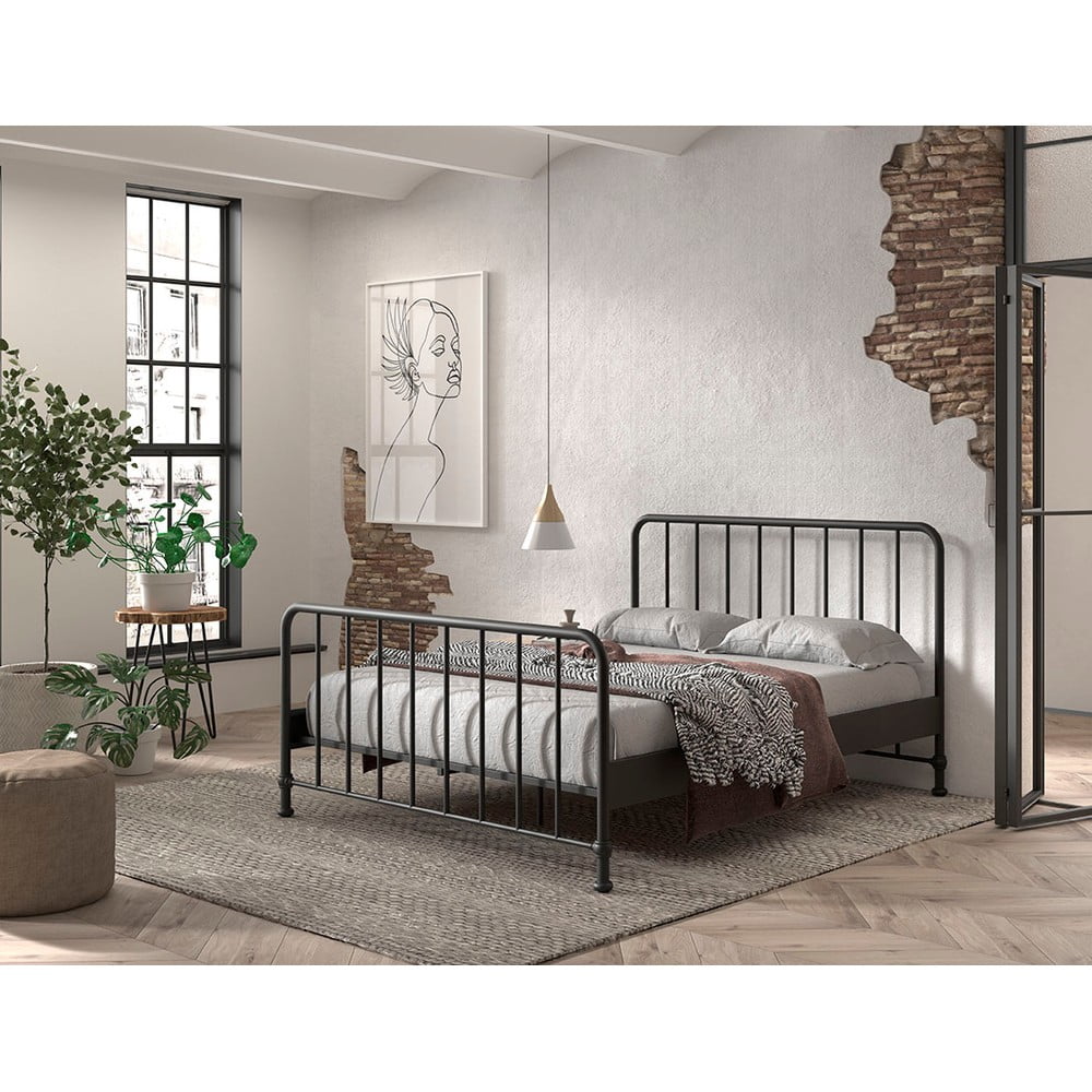 Czarne metalowe łóżko dwuosobowe ze stelażem 160x200 cm BRONXX – Vipack (zdjęcie 3)