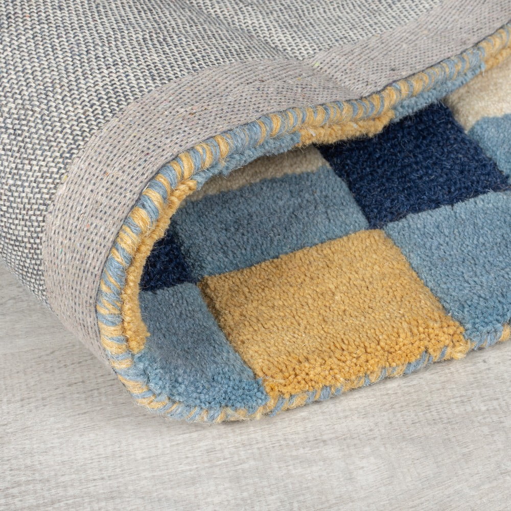 Niebieski wełniany chodnik tkany ręcznie 60x230 cm Kai Wool Border – Flair Rugs (zdjęcie 4)