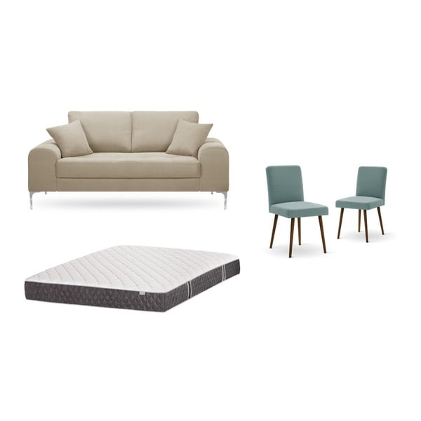 Zestaw 2-osobowej szarobeżowej sofy, 2 szarozielonych krzeseł i materaca 140x200 cm Home Essentials