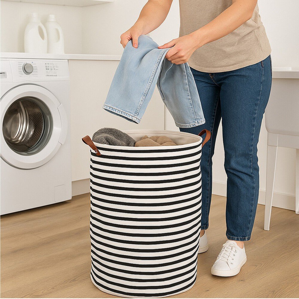 Czarno-biały tekstylny kosz na pranie 54 l Stripe – Premier Housewares (zdjęcie 4)