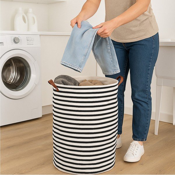 Czarno-biały tekstylny kosz na pranie 54 l Stripe – Premier Housewares-image-3
