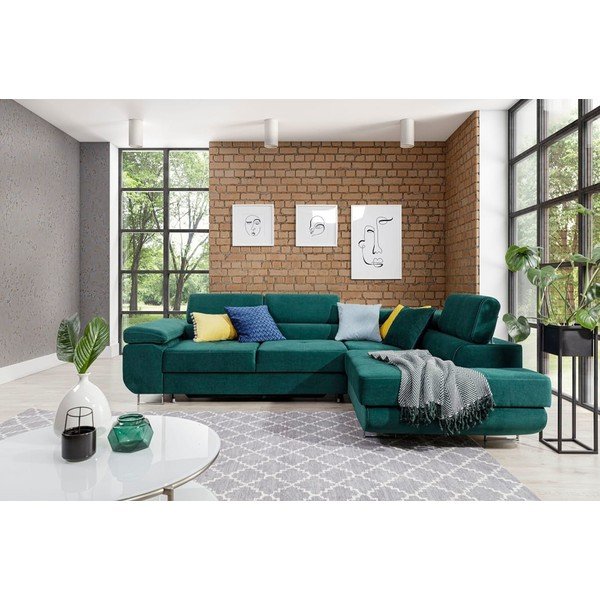 Zielony aksamitny rozkładany/ze schowkiem narożnik (prawostronny/w kształcie litery L) Anton – ELTAP-image-1