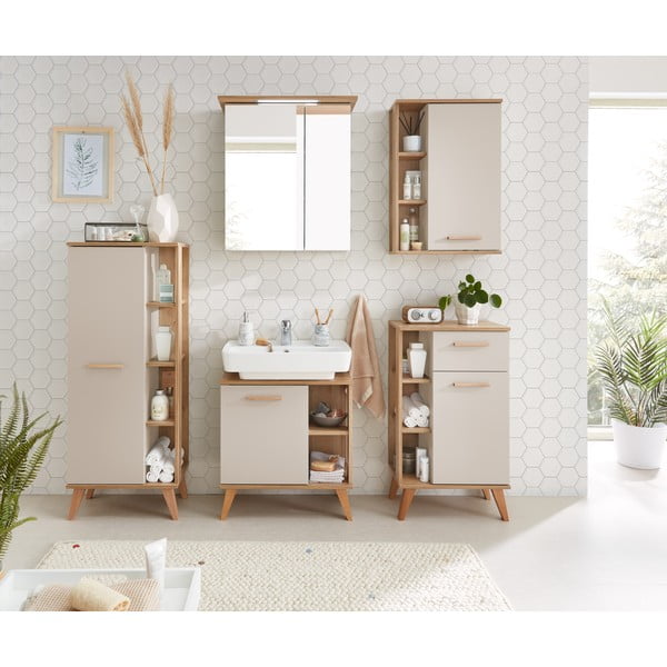 Kremowa wysoka szafka łazienkowa w dekorze dębu 50,5x128 cm Quickset 966 – Pelipal-image-1