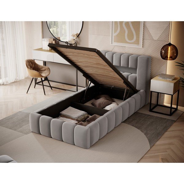 Szare tapicerowane łóżko jednoosobowe ze schowkiem ze stelażem 90x200 cm Lamica – ELTAP-image-2