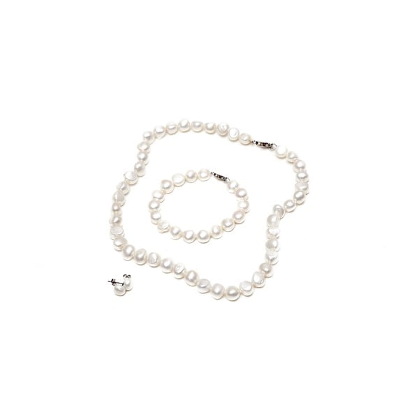 Komplet naszyjnika, kolczyków i bransoletki z pereł słodkowodnych Baroque, biały