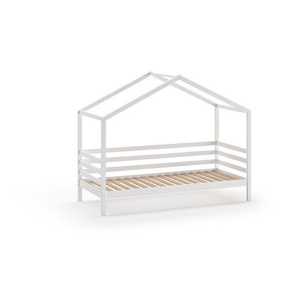 Białe łóżko dziecięce z litego drewna sosnowego w kształcie domku ze stelażem 90x200 cm Dallas – Vipack