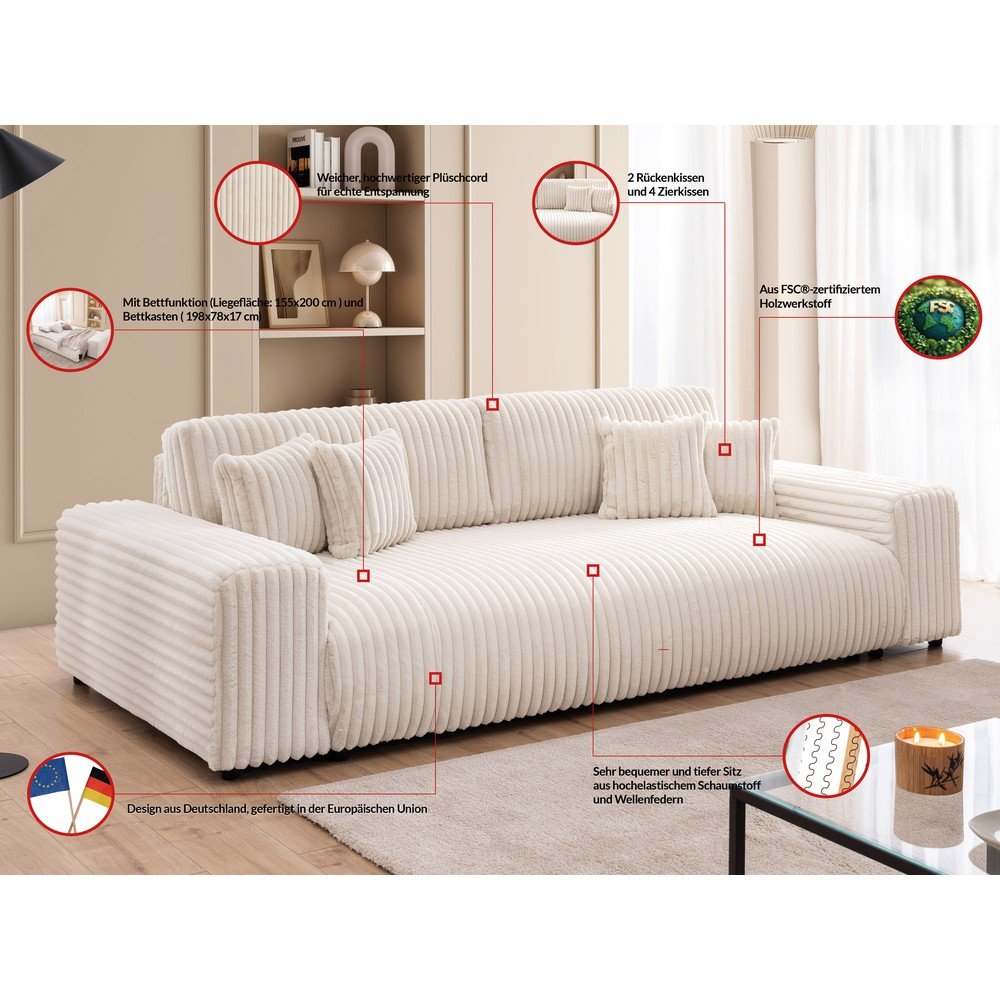 Kremowa sztruksowa rozkładana sofa ze schowkiem 260 cm Justin  – Ropez (zdjęcie 10)