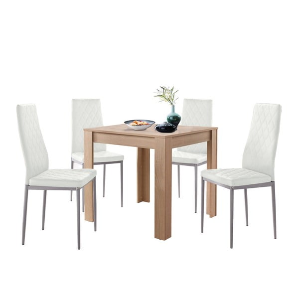 Komplet stołu do jadalni w dębowym dekorze i 4 białych krzeseł do jadalni Støraa Lori and Barak, 80x80 cm