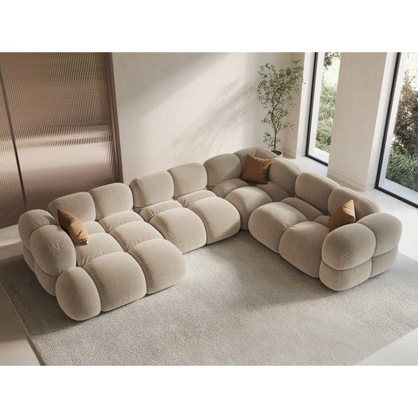 Beżowy aksamitny narożnik (prawostronny/w kształcie litery U) Loretto – Cosmopolitan Design-image-1