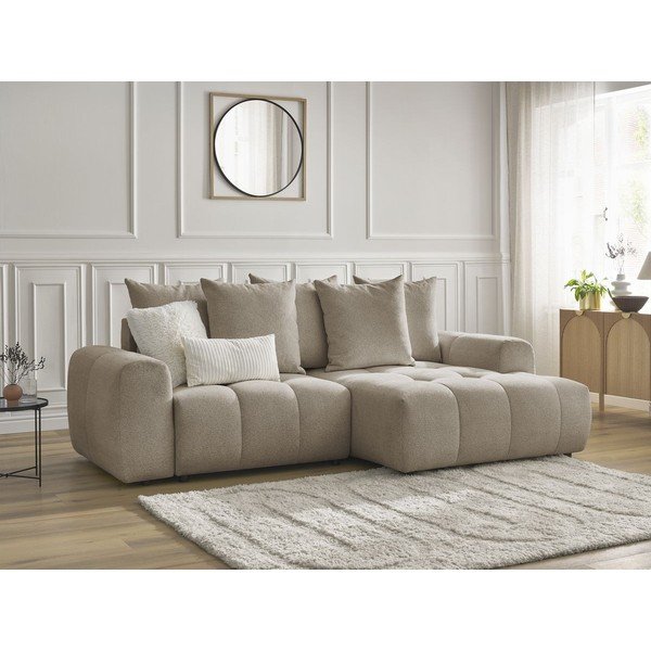 Beżowy rozkładany narożnik z tkaniny szenilowej ze schowkiem (prawostronny/z szezlongiem) Roxelane – Bobochic Paris-image-3