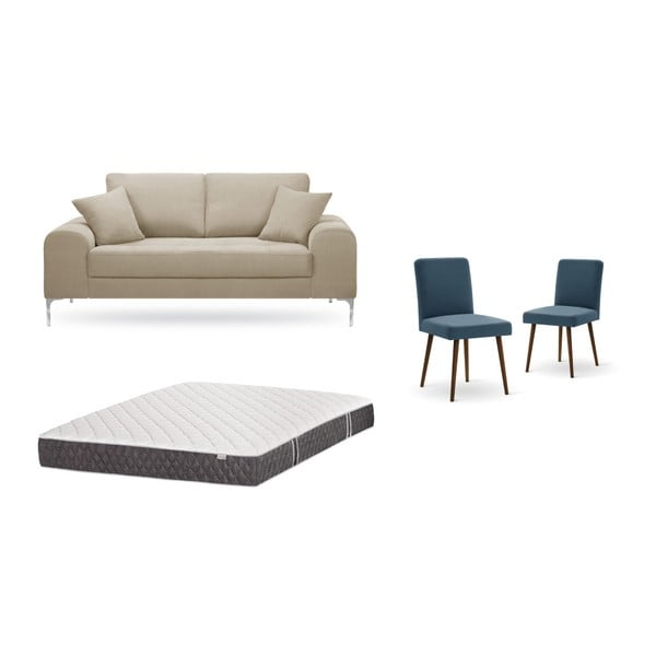 Zestaw 2-osobowej szarobeżowej sofy, 2 niebieskich krzeseł i materaca 140x200 cm Home Essentials