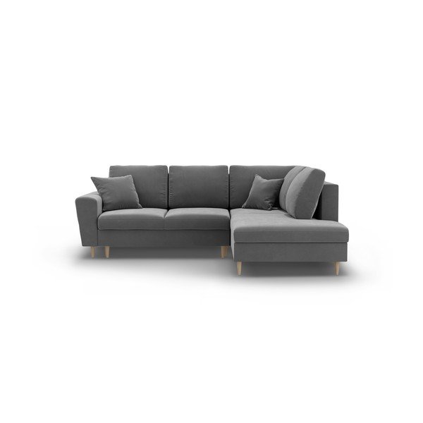 Jasnoszary aksamitny rozkładany narożnik ze schowkiem (prawostronny/w kształcie litery L) Kyoto – Cosmopolitan Design