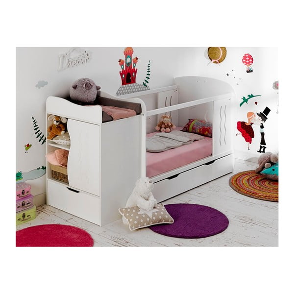 Białe regulowane łóżeczko dziecięce z szufladą i komodą BEBE Provence Combo Belem