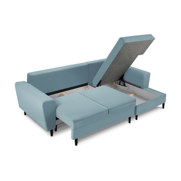 Jasnoniebieski sztruksowy rozkładany narożnik ze schowkiem (prawostronny/z szezlongiem) Kyoto – Cosmopolitan Design-image-3