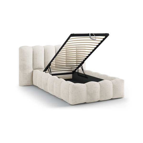 Beżowe tapicerowane łóżko jednoosobowe ze schowkiem i stelażem 90x200 cm Lupine – Micadoni -image-1