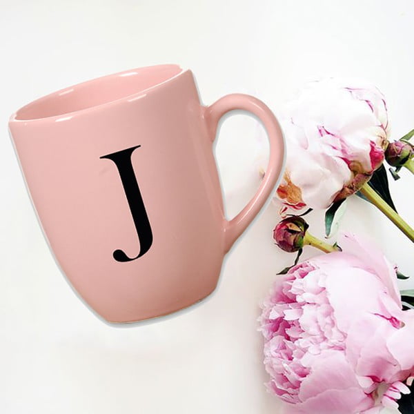 Różowy kubek ceramiczny Vivas Letter J, 330 ml