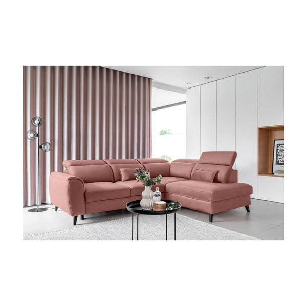 Różowy aksamitny rozkładany/ze schowkiem narożnik (prawostronny/w kształcie litery L) Noble – ELTAP-image-1