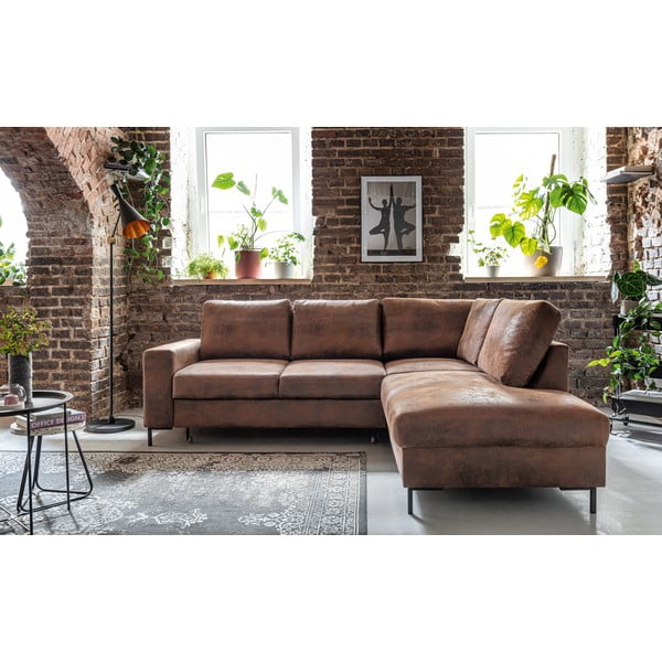 Brązowy rozkładany narożnik z imitacji skóry (prawostronny) Lofty Lilly – Miuform-image-1