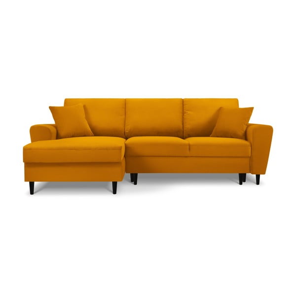 Musztardowy sztruksowy rozkładany narożnik ze schowkiem (lewostronny/z szezlongiem) Kyoto – Cosmopolitan Design