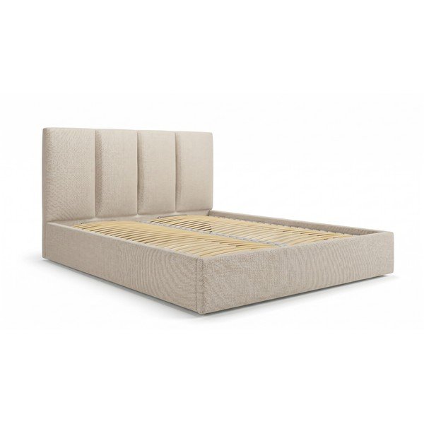 Beżowe tapicerowane łóżko dwuosobowe ze schowkiem ze stelażem 160x200 cm Juniper – Mazzini Beds