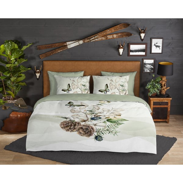 Zielono-kremowa flanelowa pościel jednoosobowa 140x220 cm Marjan – Good Morning-image-1