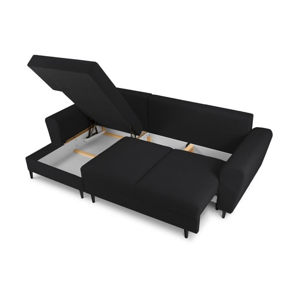 Czarny rozkładany narożnik ze schowkiem z materiału bouclé (lewostronny/z szezlongiem) Kyoto – Cosmopolitan Design-image-3