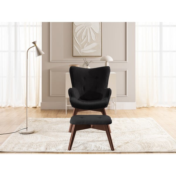Czarny sztruksowy fotel z podnóżkiem Niko – Ropez-image-1