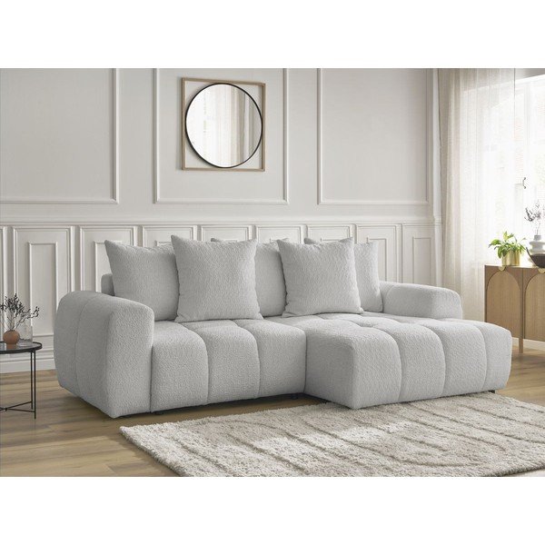 Jasnoszary rozkładany narożnik z materiału bouclé ze schowkiem (prawostronny/z szezlongiem) Roxelane – Bobochic Paris-image-3