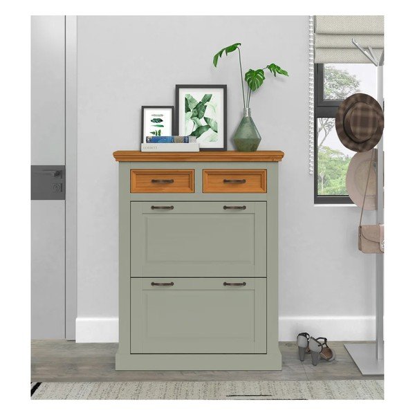 Zielona/w jasnym naturalnym kolorze uchylna szafka na buty z litego drewna sosnowego 90x115x30 cm Selma – Støraa-image-1