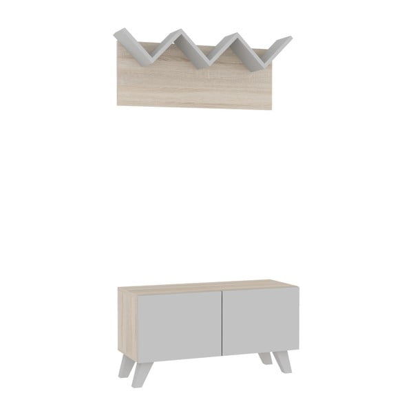 Biała szafka na buty i wieszak z dekorem drewna tekowego i białymi szczegółami Mobito Design Marti