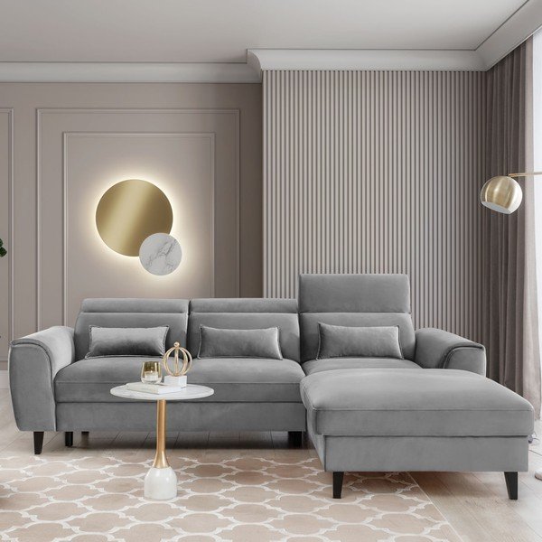 Szary aksamitny rozkładany/ze schowkiem narożnik (prawostronny/z szezlongiem) Foble – ELTAP-image-1