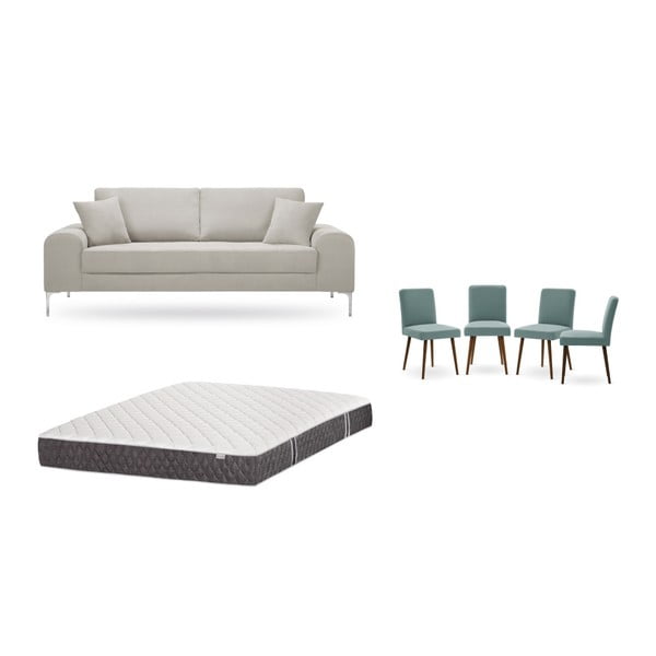 Zestaw 3-osobowej kremowej sofy, 4 szarozielonych krzeseł i materaca 160x200 cm Home Essentials