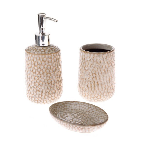 Beżowy zestaw akcesoriów łazienkowych ceramiczny – Dakls