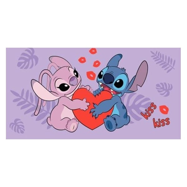 Fioletowy bawełniany ręcznik dziecięcy 70x140 cm Lilo and Stitch "Kiss" – Jerry Fabrics